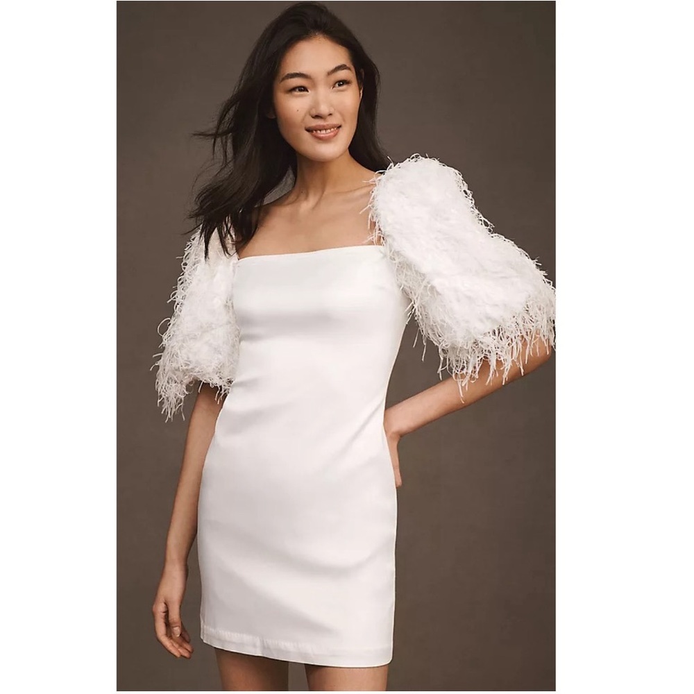 Anthropologie BHLDN Nellie Square Neck Feather Puff Sleeve Mini Dress Bridal XS